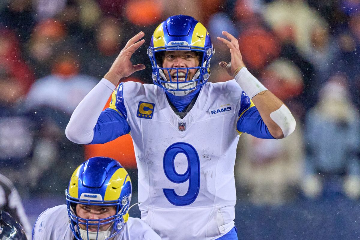 Los Angeles Rams quarterback Matthew Stafford #9 signals for a play during an NFL Divisional football game against the Chicago Bears, on Sunday, January 18, 2026 in Chicago, Illinois.                  