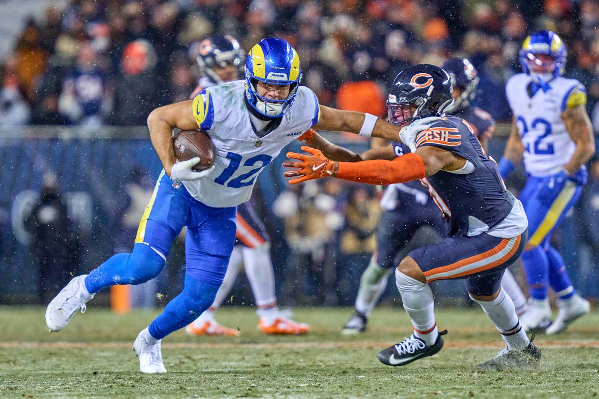 Los Angeles Rams wide receiver Puka Nacua #12 runs with the football during an NFL Divisional football game against the Chicago Bears, on Sunday, January 18, 2026 in Chicago, Illinois.               