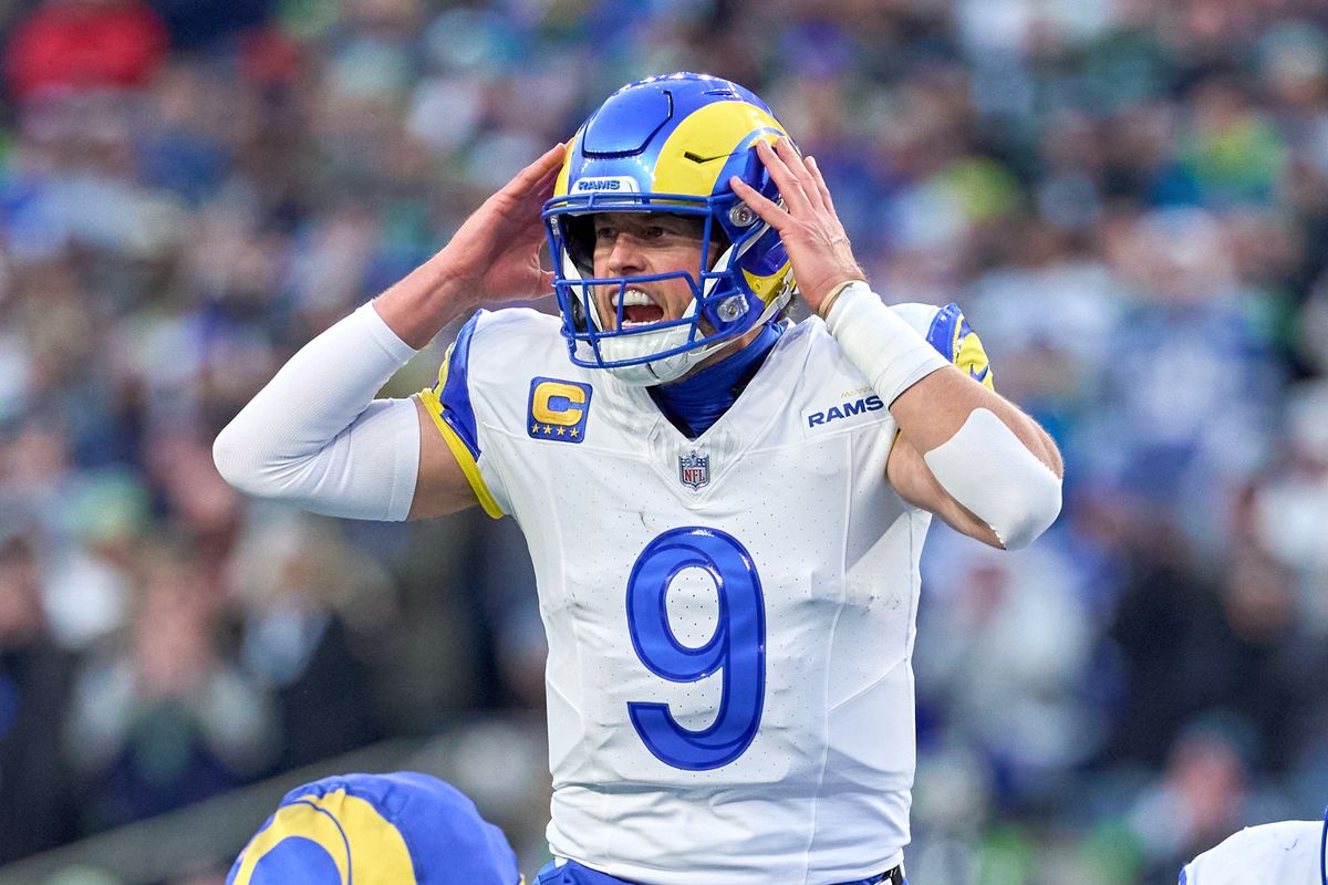 Los Angeles Rams quarterback Matthew Stafford #9 calls a play during the NFC Championship Game against the Seattle Seahawks, on Sunday January 25, 2026 in Seattle, Washington.  