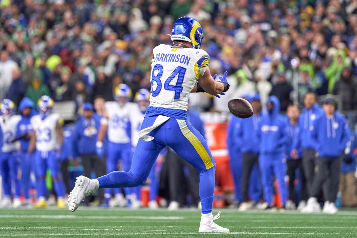 Los Angeles Rams tight end Colby Parkinson #84 drops the football in the fourth quarter during the NFC Championship Game against the Seattle Seahawks, on Sunday January 25, 2026 in Seattle, Washington.  