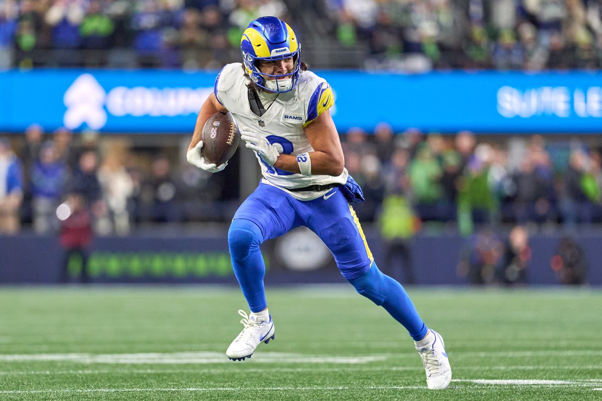 Los Angeles Rams wide receiver Puka Nacua #12 runs with the football during the NFC Championship Game against the Seattle Seahawks, on Sunday January 25, 2026 in Seattle, Washington.  