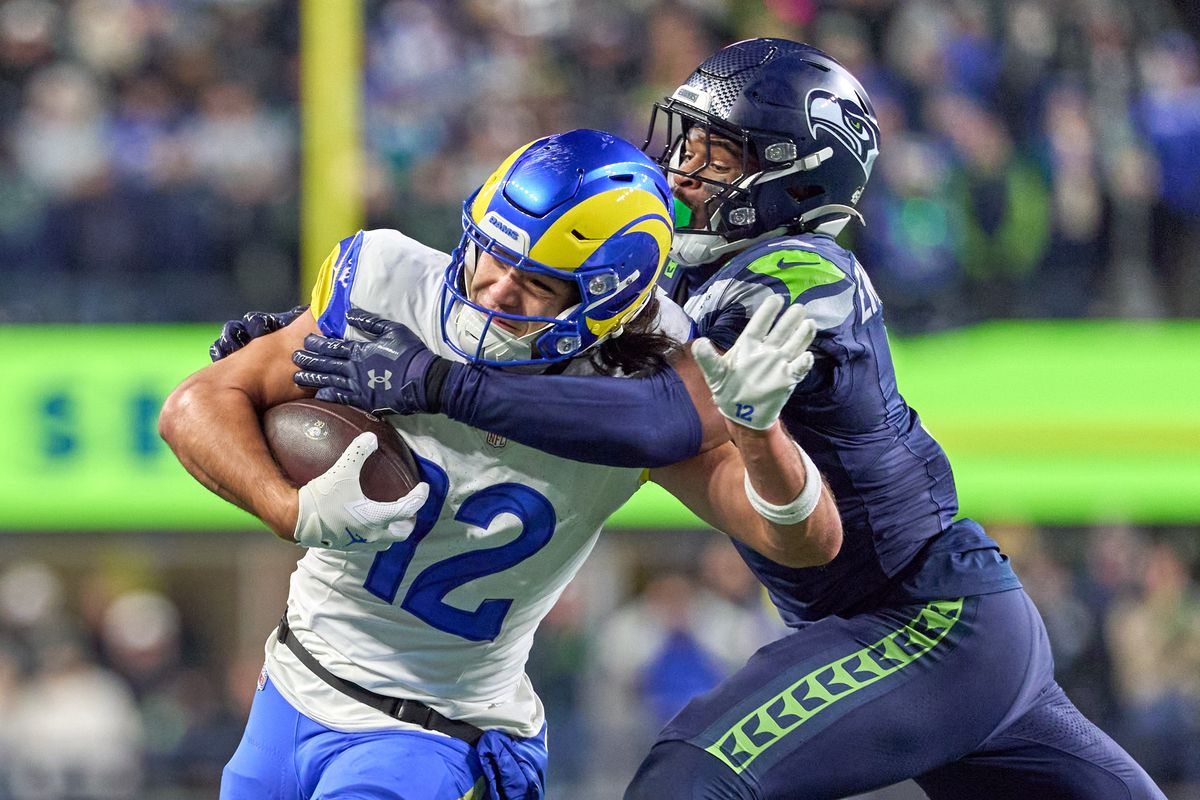 Los Angeles Rams wide receiver Puka Nacua #12 battles with Seattle Seahawks safety Nick Emmanwori #3 during the NFC Championship Game against the Seattle Seahawks, on Sunday January 25, 2026 in Seattle, Washington.  
