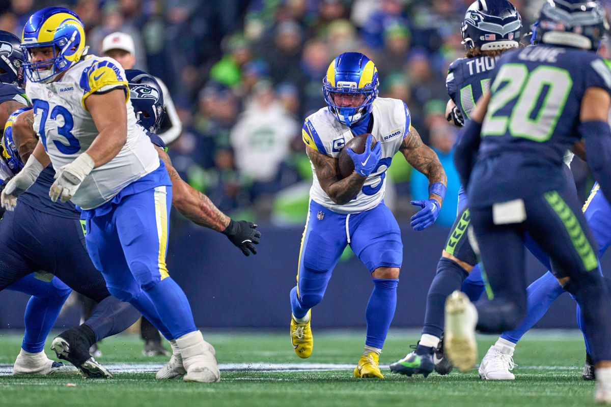 Los Angeles Rams wide receiver Puka Nacua #12 battles with Seattle Seahawks safety Nick Emmanwori #3 during the NFC Championship Game against the Seattle Seahawks, on Sunday January 25, 2026 in Seattle, Washington.  