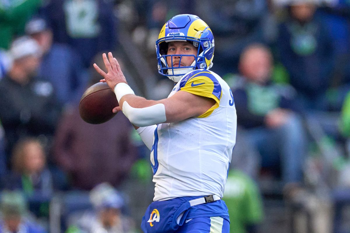 Los Angeles Rams quarterback Matthew Stafford #9 throws the football during the NFC Championship Game against the Seattle Seahawks, on Sunday January 25, 2026 in Seattle, Washington.  
