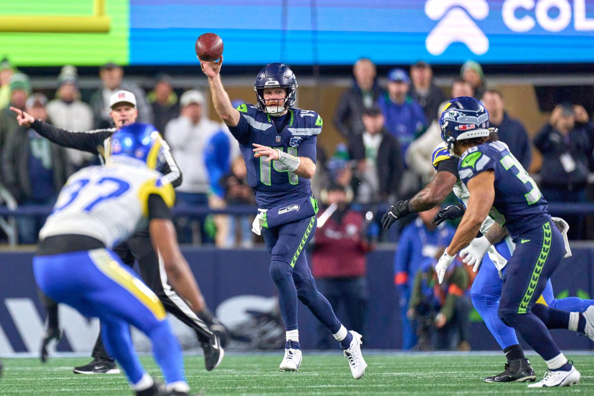 Seattle Seahawks quarterback Sam Darnold #14 throws the football during the NFC Championship Game against the Los Angeles Rams, on Sunday January 25, 2026 in Seattle, Washington.  