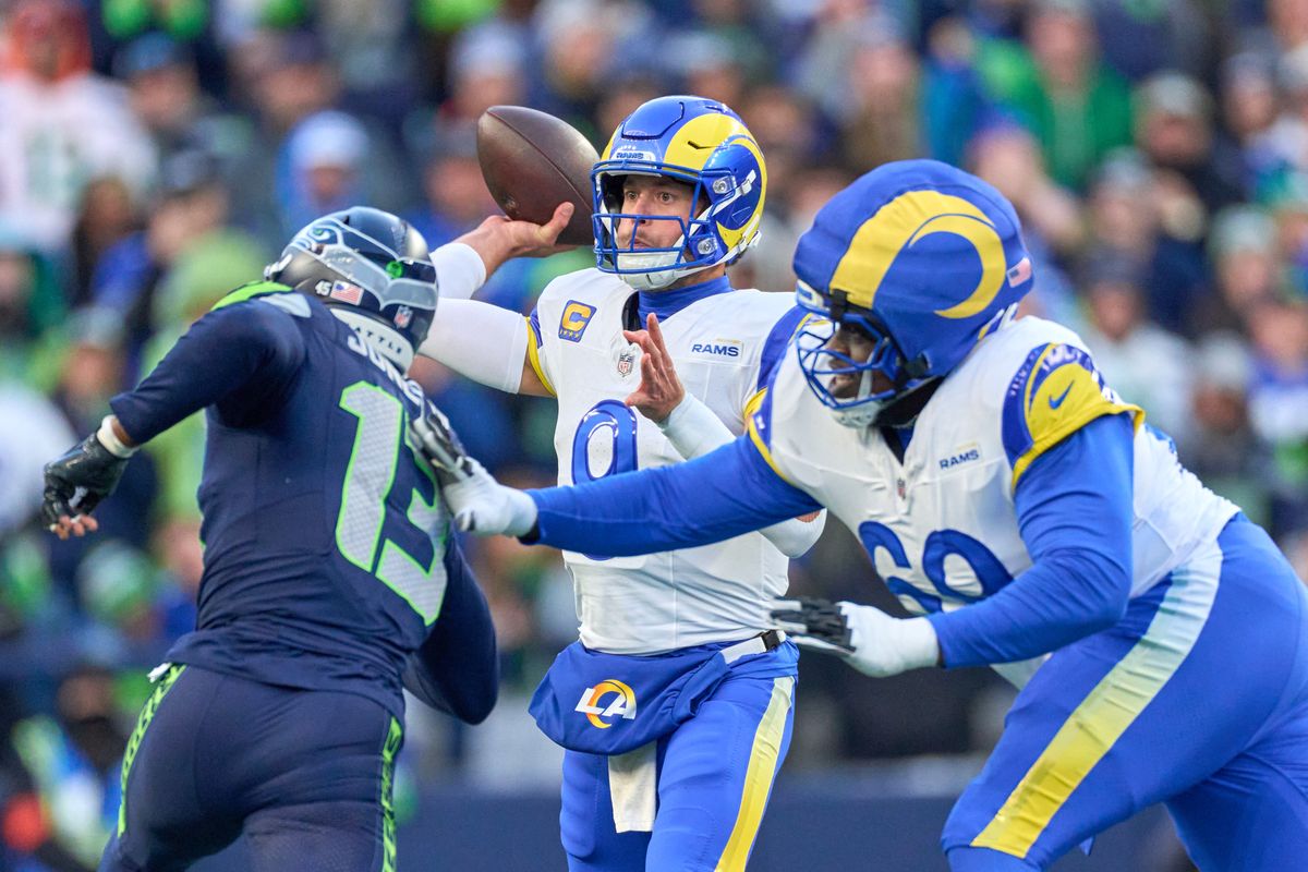 Los Angeles Rams quarterback Matthew Stafford #9 throws the football during the NFC Championship Game against the Seattle Seahawks, on Sunday January 25, 2026 in Seattle, Washington.  
