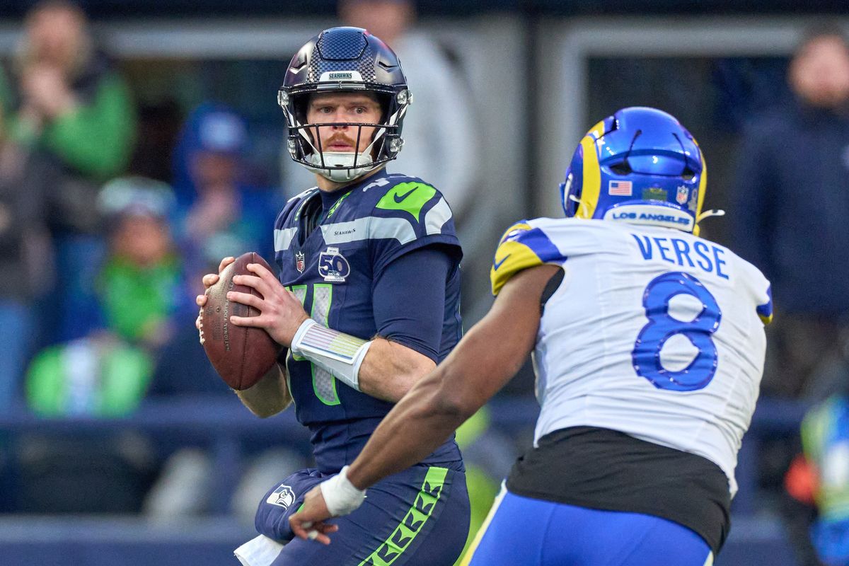 Seattle Seahawks quarterback Sam Darnold #14 throws the football during the NFC Championship Game against the Los Angeles Rams, on Sunday January 25, 2026 in Seattle, Washington.  