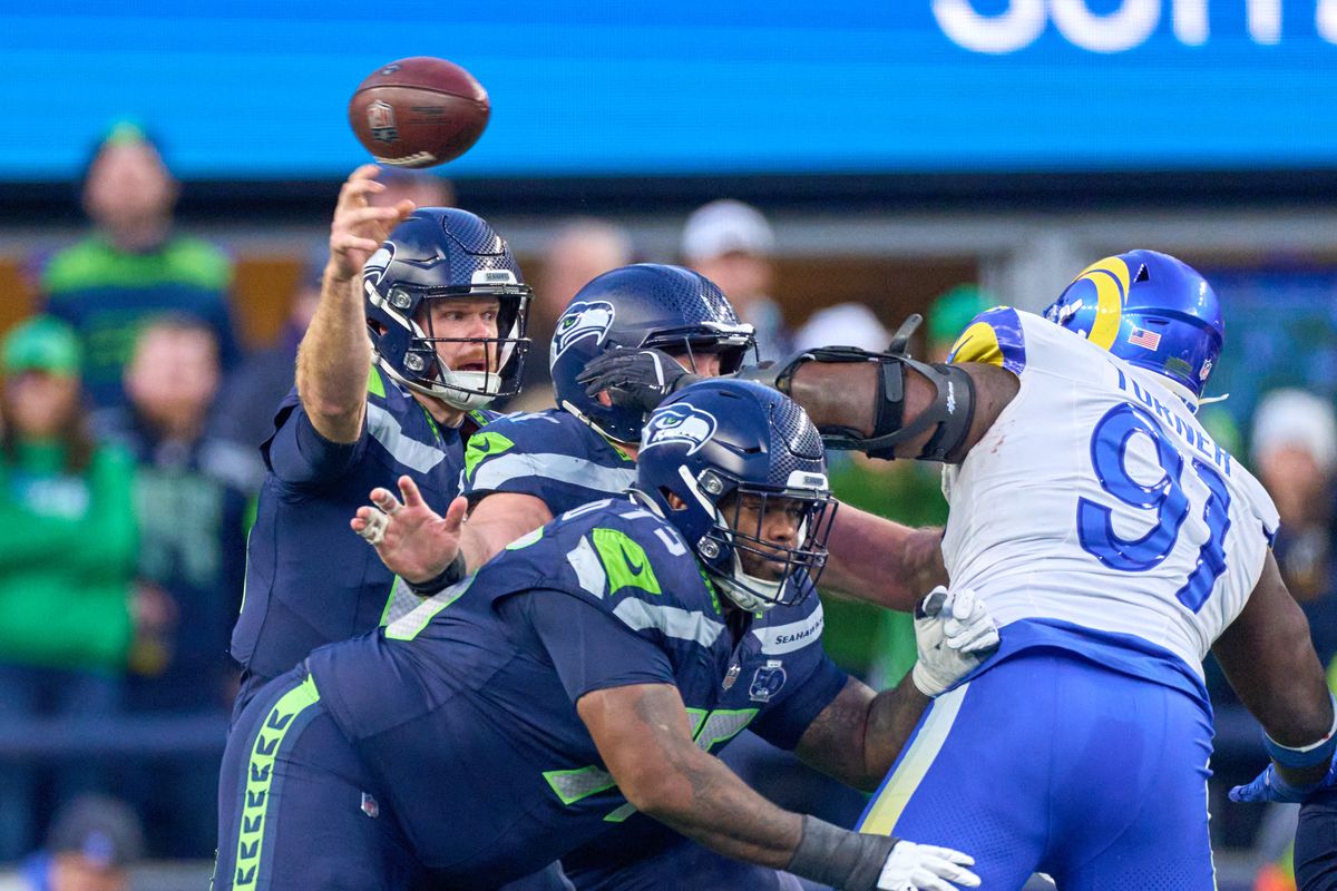 Seattle Seahawks quarterback Sam Darnold #14 throws the football during the NFC Championship Game against the Los Angeles Rams, on Sunday January 25, 2026 in Seattle, Washington.  