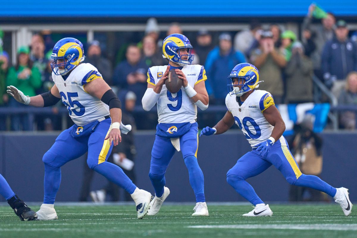 Los Angeles Rams quarterback Matthew Stafford #9 throws the football during the NFC Championship Game against the Seattle Seahawks, on Sunday January 25, 2026 in Seattle, Washington.  