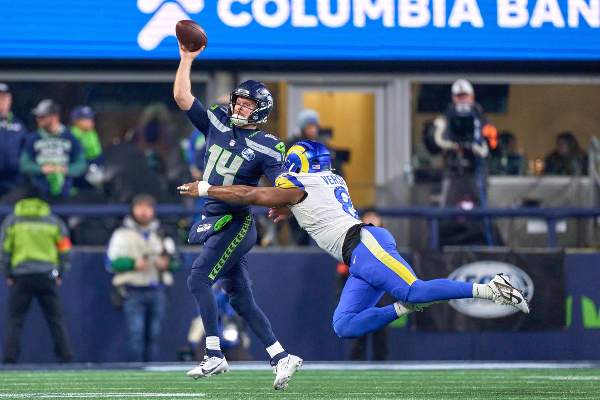 Seattle Seahawks quarterback Sam Darnold #14 throws the football during the NFC Championship Game against the Los Angeles Rams, on Sunday January 25, 2026 in Seattle, Washington.  