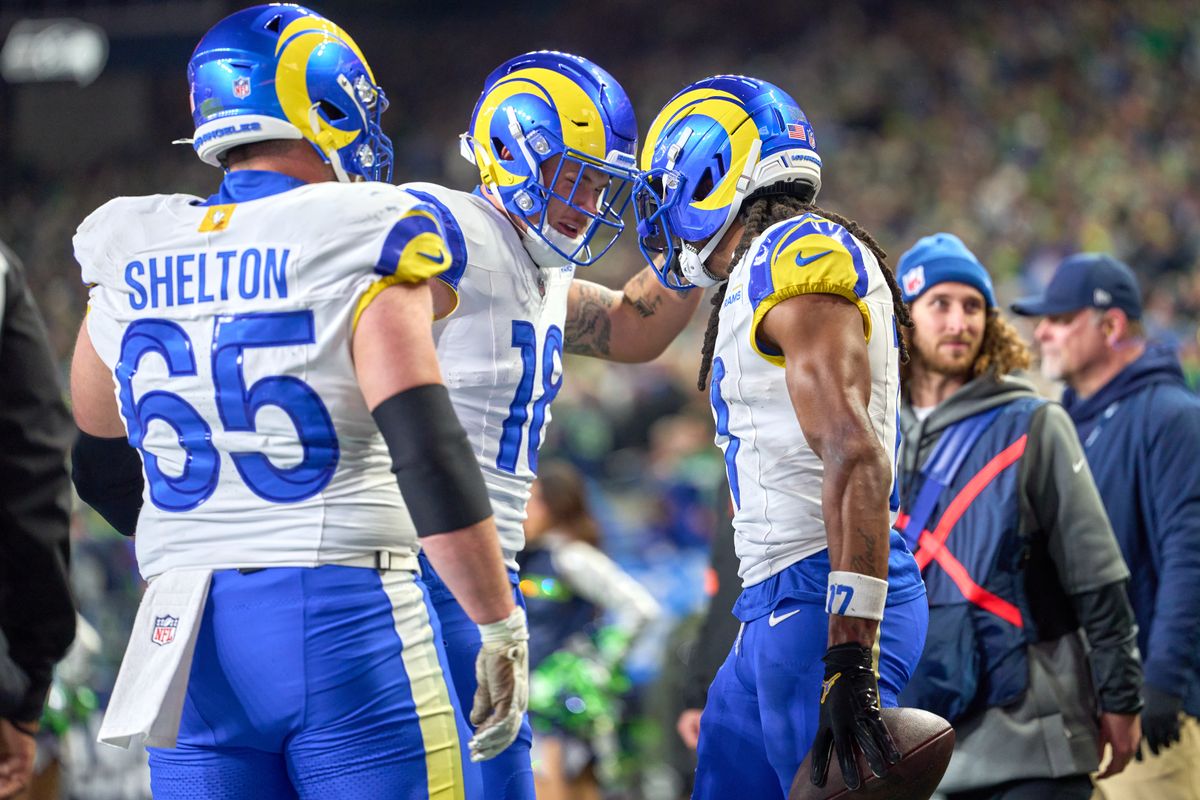 Los Angeles Rams wide receiver Davante Adams #17 scores a touchdown and celebrates with teammates during the NFC Championship Game against the Seattle Seahawks, on Sunday January 25, 2026 in Seattle, Washington.  