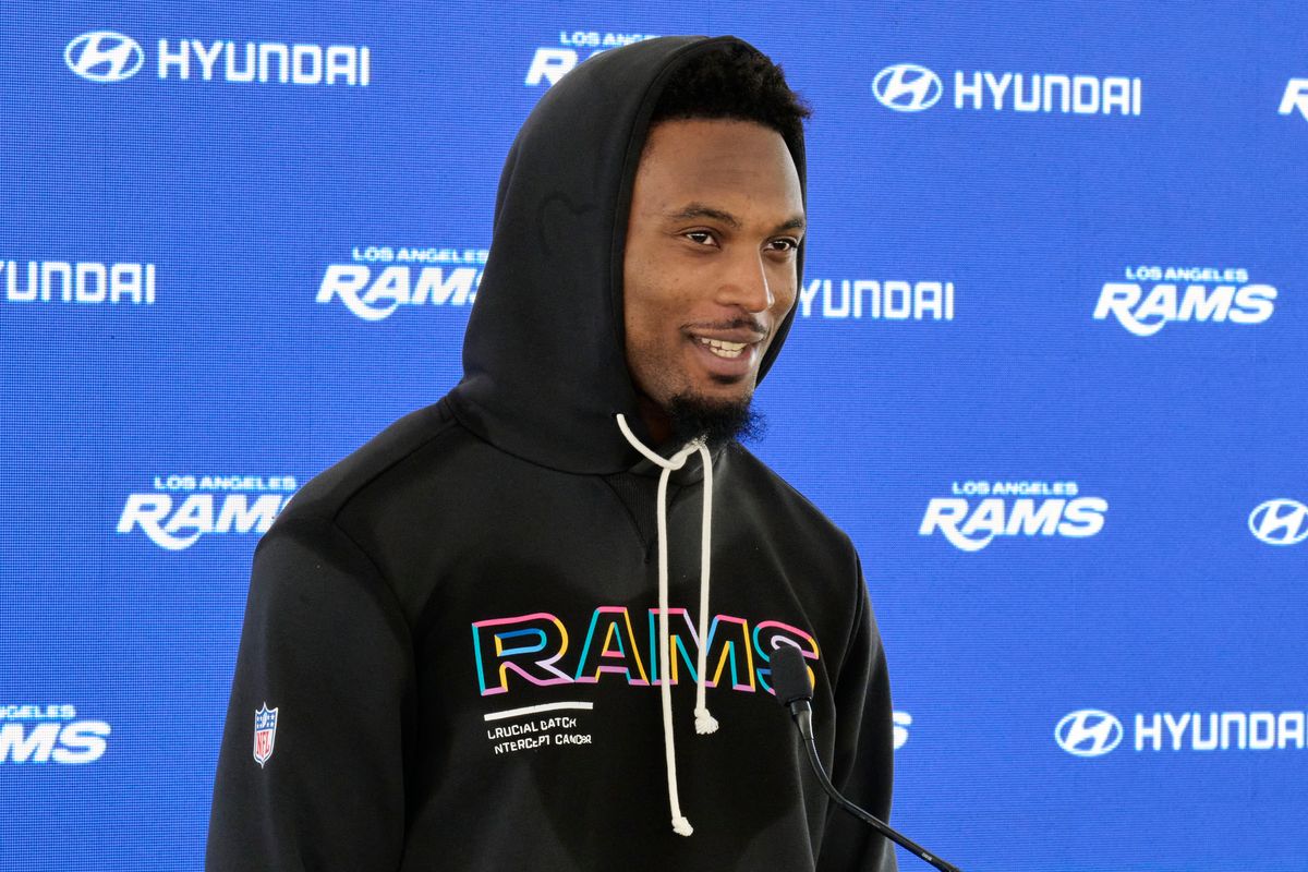 The Los Angeles Rams safety Kam Kurl #3 talks during a press conference, April 20th, 2026 in Woodland Hills California.