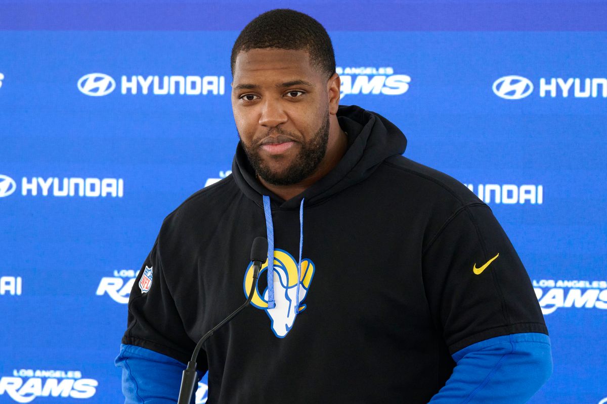 The Los Angeles Rams DT Kobie Turner #91 talks during a press conference, April 20th, 2026 in Woodland Hills California.