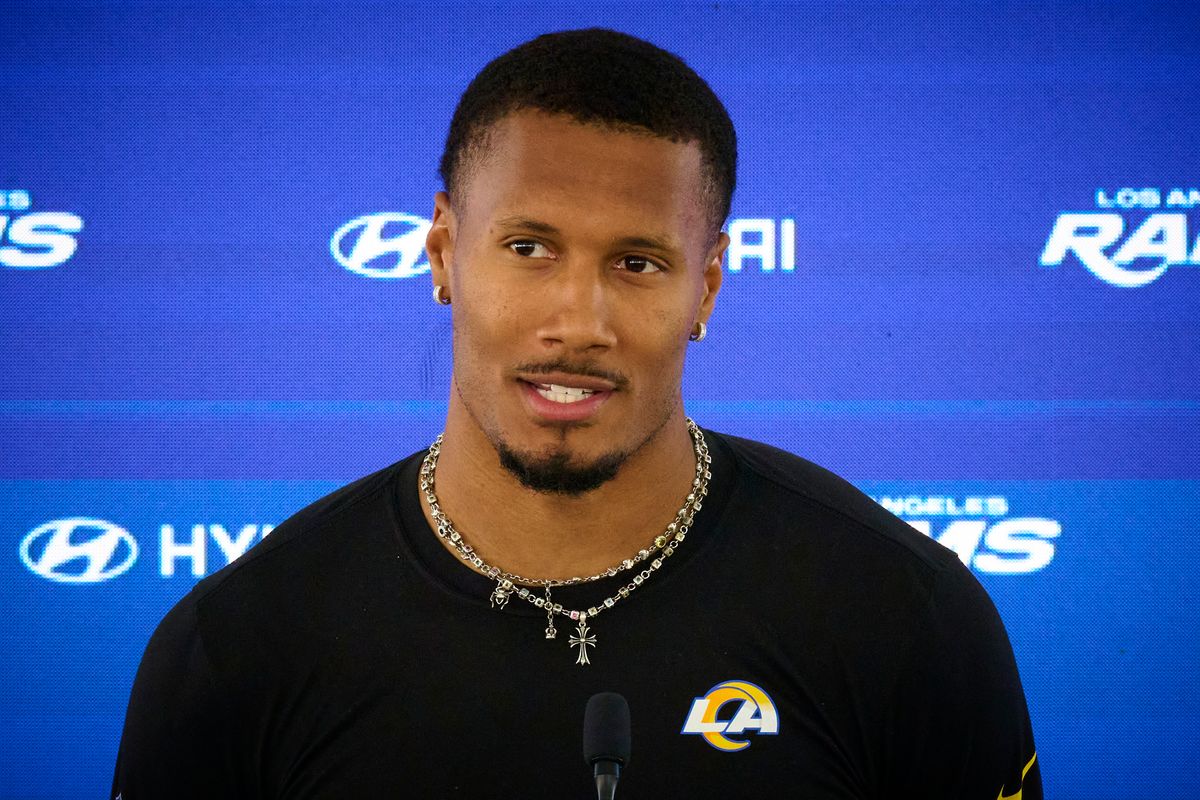 The Los Angeles Rams safety Quentin Lake #37 talks during a press conference, April 20th, 2026 in Woodland Hills California.