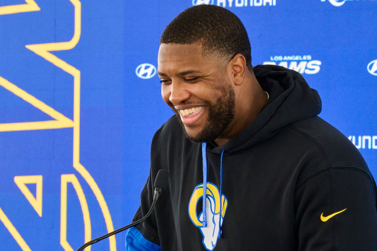The Los Angeles Rams DT Kobie Turner #91 talks during a press conference, April 20th, 2026 in Woodland Hills California.