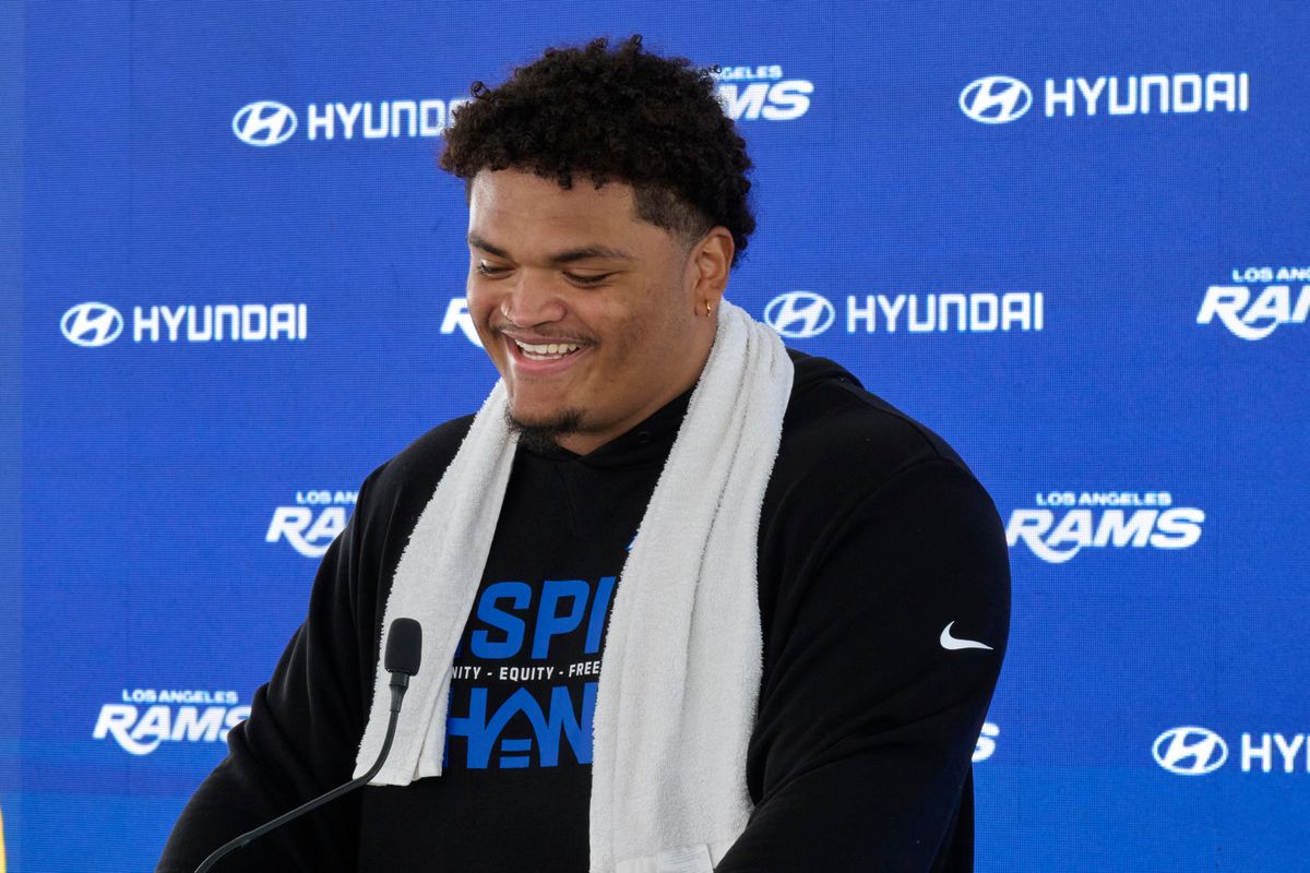 The Los Angeles Rams OL Steve Avila #73 talks during a press conference, April 20th, 2026 in Woodland Hills California.