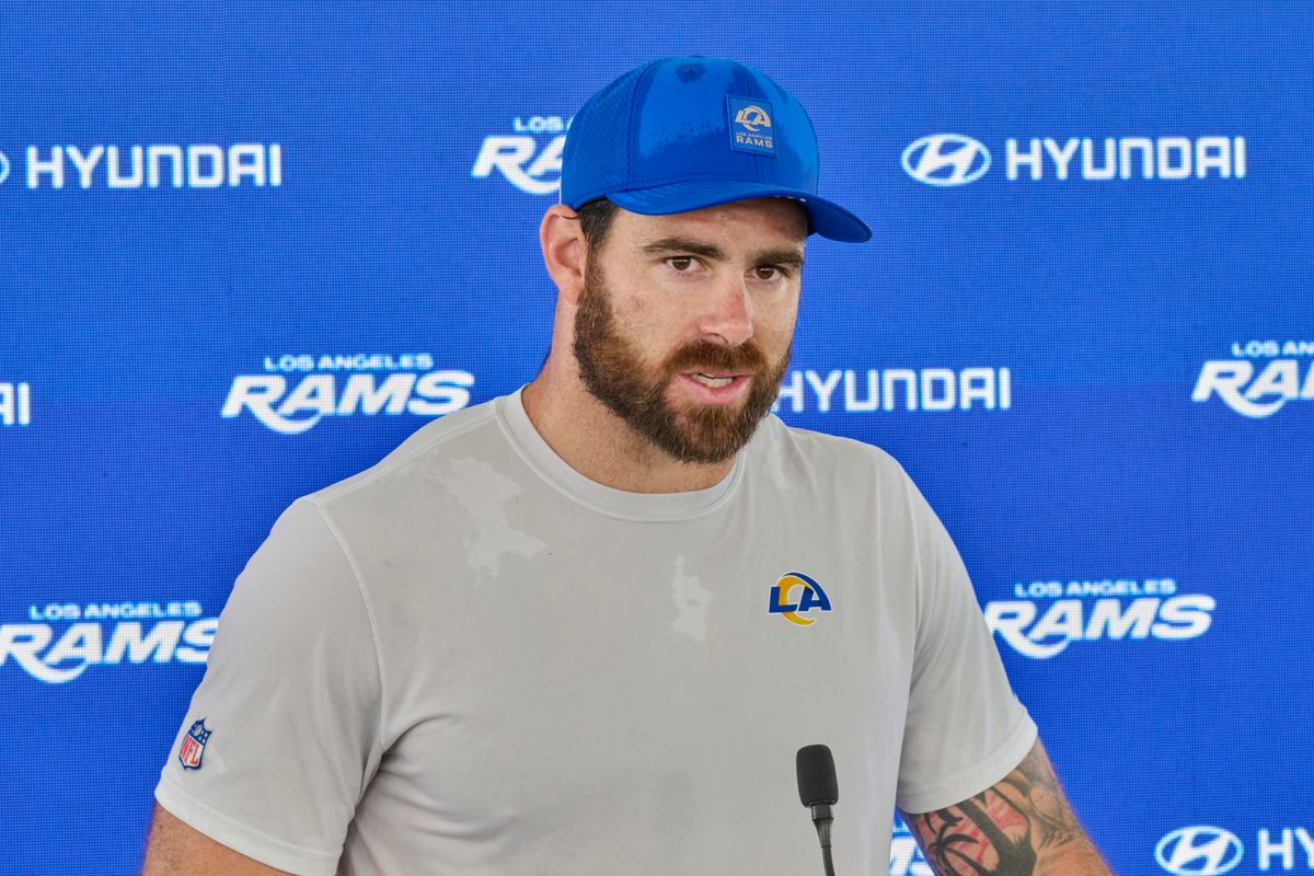 The Los Angeles Rams TE Tyler Higbee #89 talks during a press conference, April 20th, 2026 in Woodland Hills California.