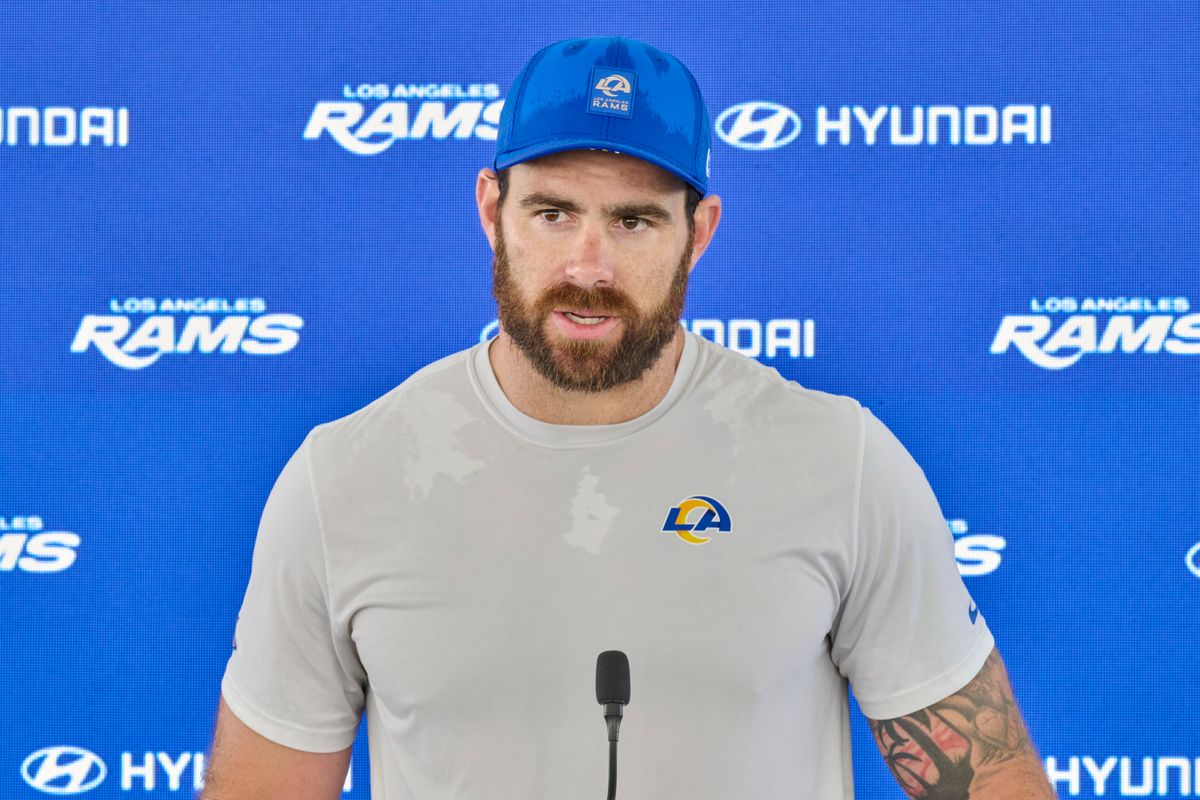 The Los Angeles Rams TE Tyler Higbee #89 talks during a press conference, April 20th, 2026 in Woodland Hills California.