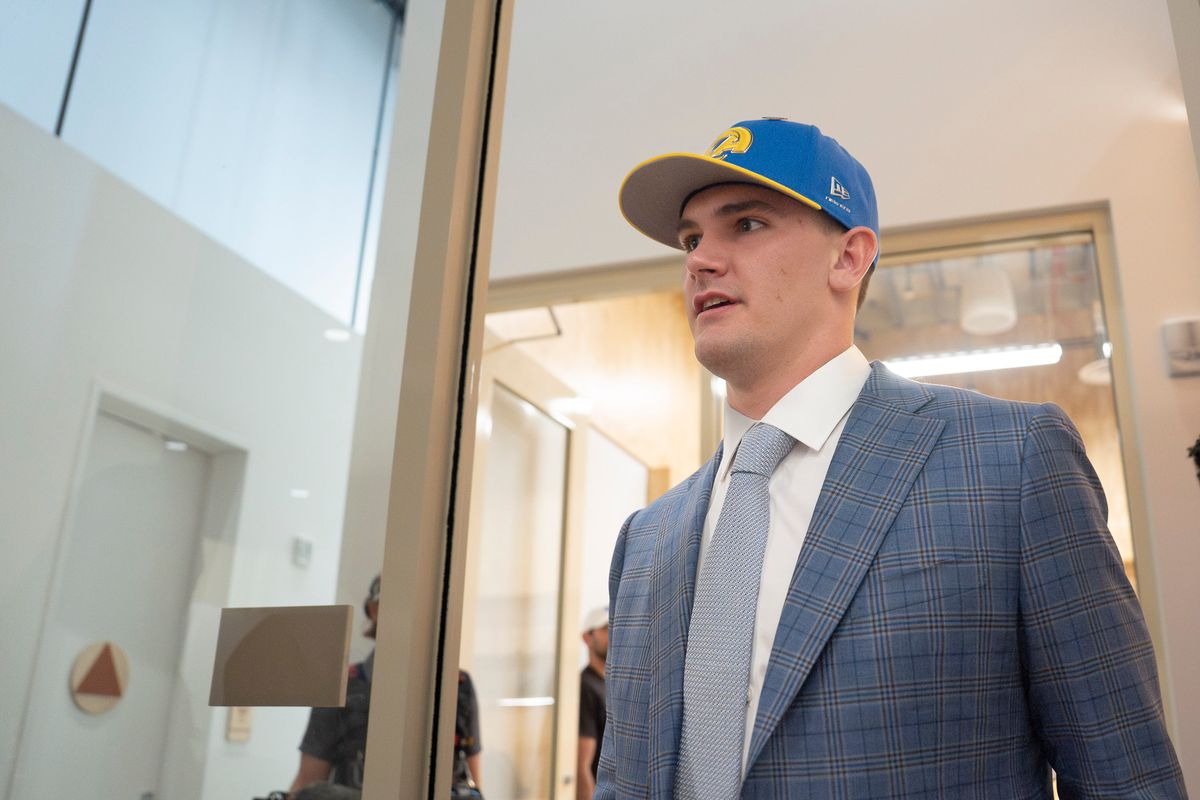 Los Angeles Rams quarterback Ty Simpson attends his first presser after being drafted in the first round of the NFL Draft on April 24th, 2026 at Hollywood Park.