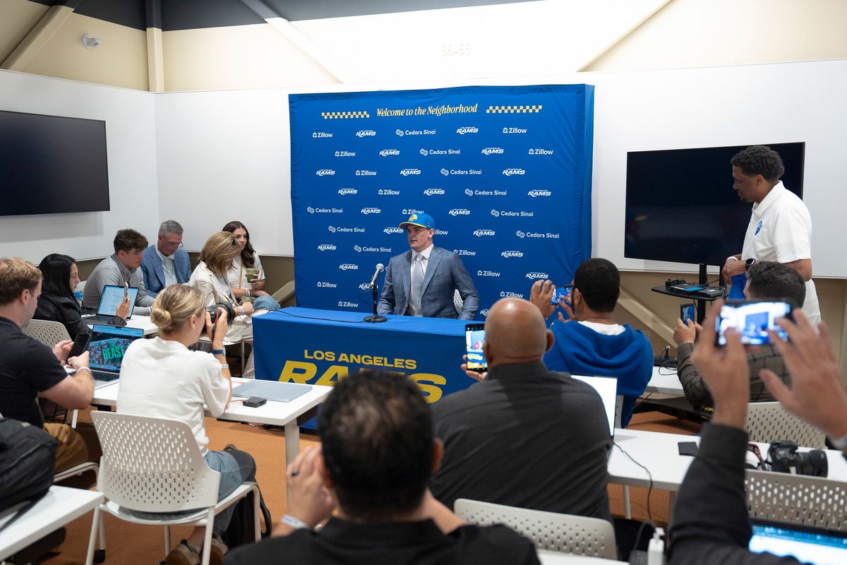 Los Angeles Rams quarterback Ty Simpson attends his first presser after being drafted in the first round of the NFL Draft on April 24th, 2026 at Hollywood Park.