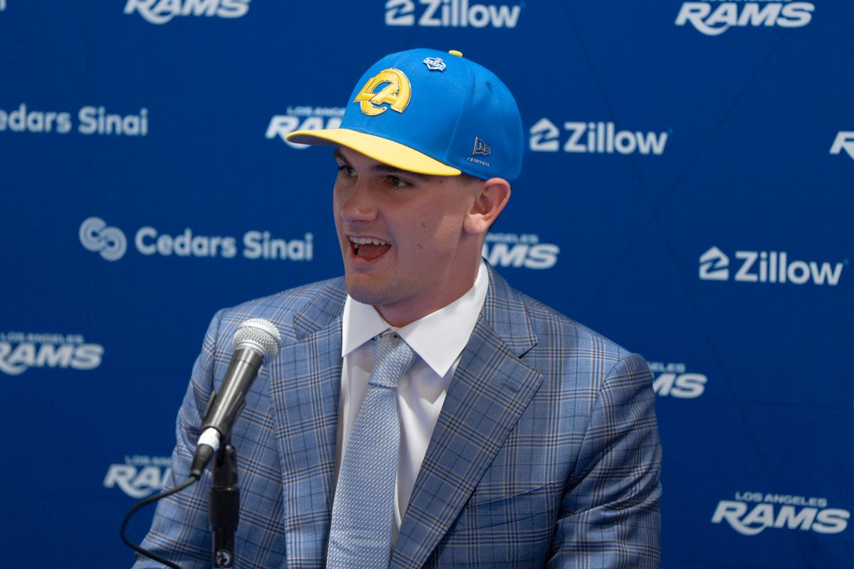 Los Angeles Rams quarterback Ty Simpson attends his first presser after being drafted in the first round of the NFL Draft on April 24th, 2026 at Hollywood Park.