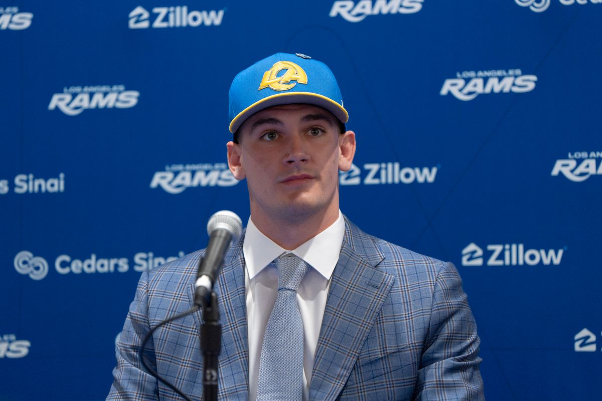 Los Angeles Rams quarterback Ty Simpson attends his first presser after being drafted in the first round of the NFL Draft on April 24th, 2026 at Hollywood Park.