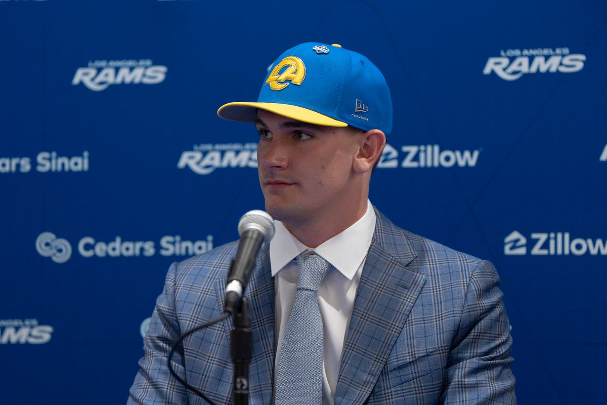 Los Angeles Rams quarterback Ty Simpson attends his first presser after being drafted in the first round of the NFL Draft on April 24th, 2026 at Hollywood Park.