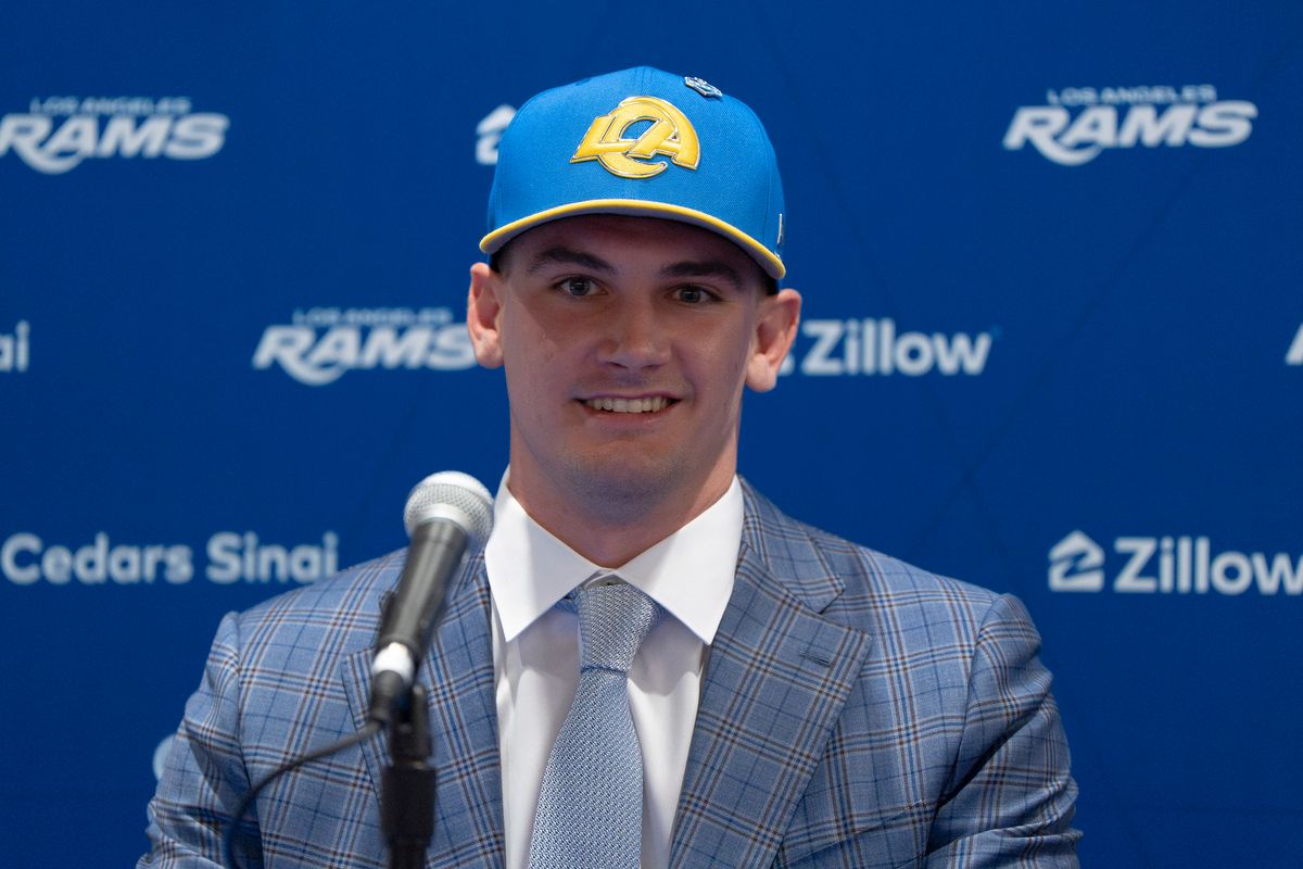 Los Angeles Rams quarterback Ty Simpson attends his first presser after being drafted in the first round of the NFL Draft on April 24th, 2026 at Hollywood Park.