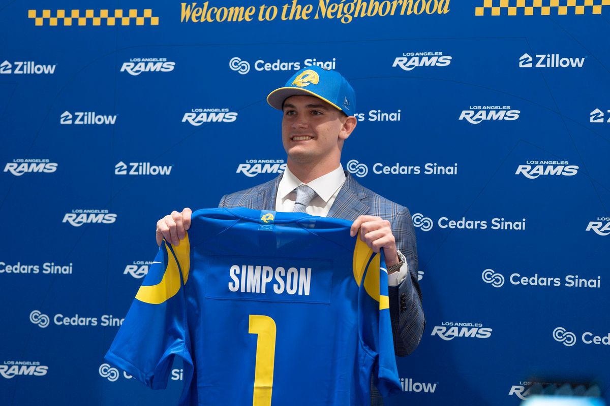 Los Angeles Rams quarterback Ty Simpson attends his first presser after being drafted in the first round of the NFL Draft on April 24th, 2026 at Hollywood Park.