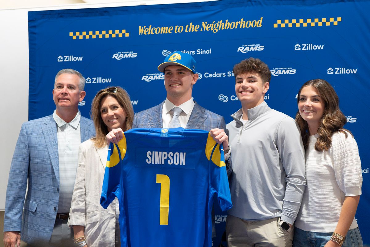 Los Angeles Rams quarterback Ty Simpson attends his first presser after being drafted in the first round of the NFL Draft on April 24th, 2026 at Hollywood Park.