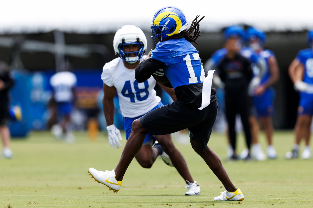 Davante Adams #17 of the Los Angeles Rams runs after the catch during an OTA offseason workout at Rams Village at Warner Center on May 26, 2026 in Woodland Hills, California.