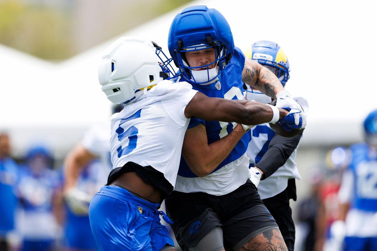 Terrance Ferguson #18 of the Los Angeles Rams runs after the catch during an OTA offseason workout at Rams Village at Warner Center on May 26, 2026 in Woodland Hills, California. 