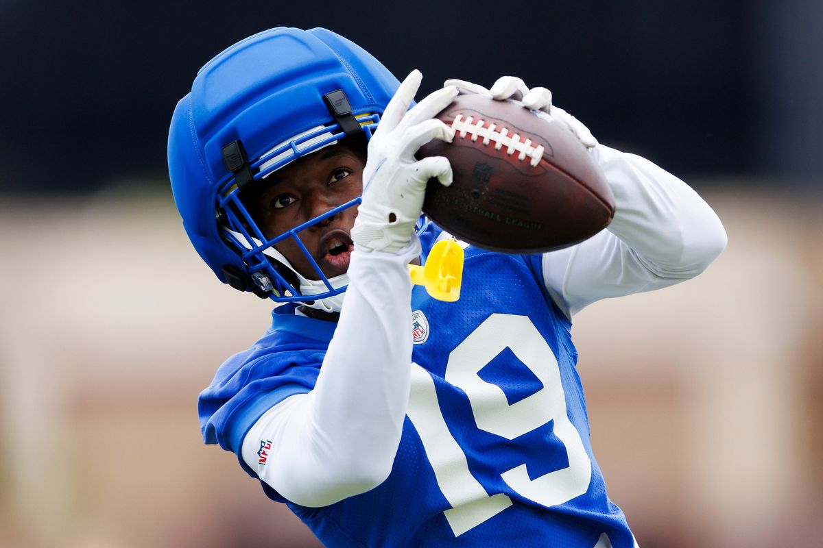 Xavier Smith #19 of the Los Angeles Rams catches the ball during an OTA offseason workout at Rams Village at Warner Center on May 26, 2026 in Woodland Hills, California.