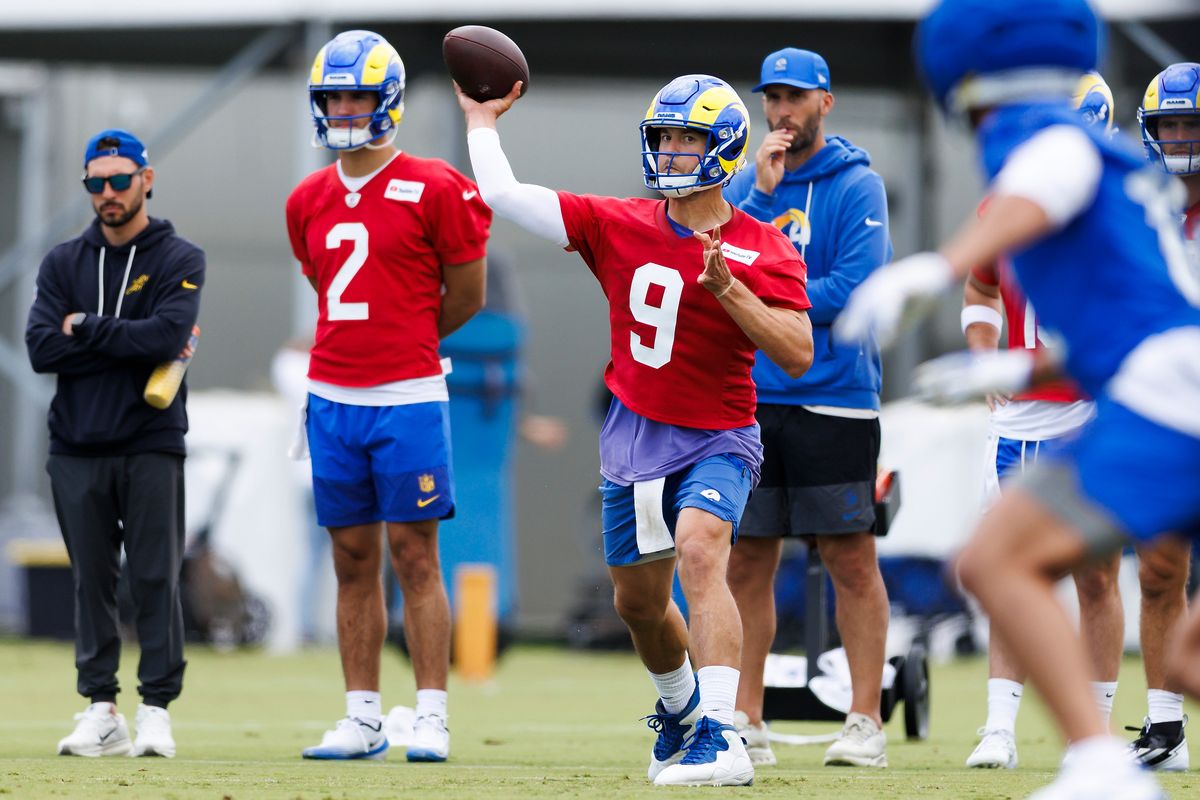 Matthew Stafford #9 of the Los Angeles Rams throws during an OTA offseason workout at Rams Village at Warner Center on May 26, 2026 in Woodland Hills, California.