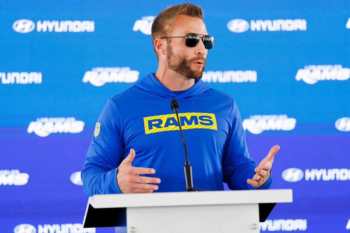 Sean McVay of the Los Angeles Rams talks with members of the media after an OTA offseason workout at Rams Village at Warner Center on May 26, 2026 in Woodland Hills, California. 