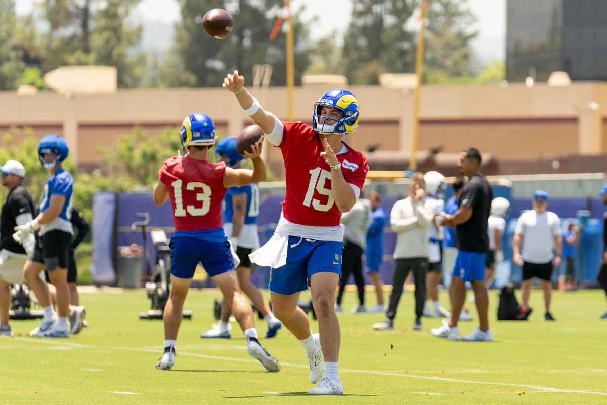 Ty Simpson #15 of the Los Angeles Rams throws during an OTA offseason workout at Rams Village at Warner Center on June 2nd, 2026 in Woodland Hills, California. Ty Simpson #15 of the Los Angeles Rams throws during an OTA offseason workout at Rams Village at Warner Center on June 2nd, 2026 in Woodland Hills, California.