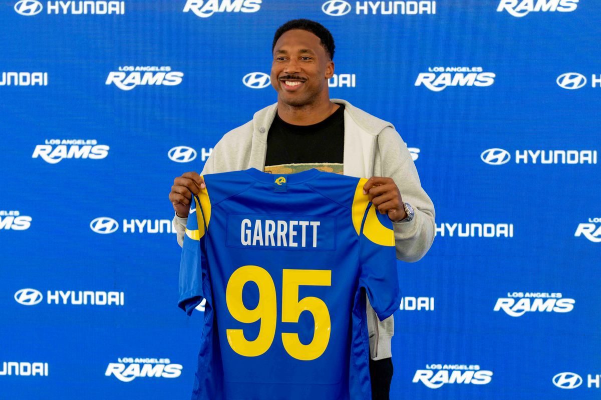 Los Angeles Rams DE Myles Garrett poses with his jersey after an OTA offseason workout at Rams Village at Warner Center on June 2nd, 2026 in Woodland Hills, California. Los Angeles Rams DE Myles Garrett poses with his jersey after an OTA offseason workout at Rams Village at Warner Center on June 2nd, 2026 in Woodland Hills, California.