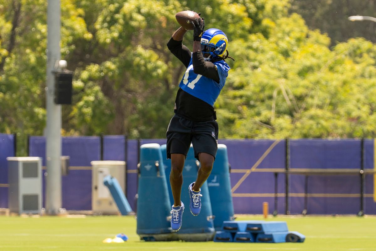 Davante Adams #17 of the Los Angeles Rams leaps for a catch during an OTA offseason workout at Rams Village at Warner Center on June 2nd, 2026 in Woodland Hills, California. Davante Adams #17 of the Los Angeles Rams leaps for a catch during an OTA offseason workout at Rams Village at Warner Center on June 2nd, 2026 in Woodland Hills, California.