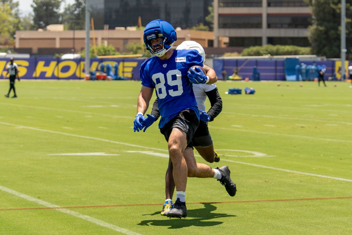 Tyler Higbee #89 of the Los Angeles Rams scores on the defense during an OTA offseason workout at Rams Village at Warner Center on June 2nd, 2026 in Woodland Hills, California. Tyler Higbee #89 of the Los Angeles Rams scores on the defense during an OTA offseason workout at Rams Village at Warner Center on June 2nd, 2026 in Woodland Hills, California.