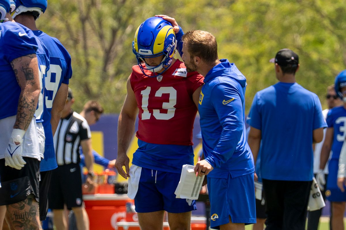 Stetson Bennett #13 and head coach Sean McVay of the Los Angeles Rams chatting after the play during an OTA offseason workout at Rams Village at Warner Center on June 2nd, 2026 in Woodland Hills, California. Stetson Bennett #13 and head coach Sean McVay of the Los Angeles Rams chatting after the play during an OTA offseason workout at Rams Village at Warner Center on June 2nd, 2026 in Woodland Hills, California.