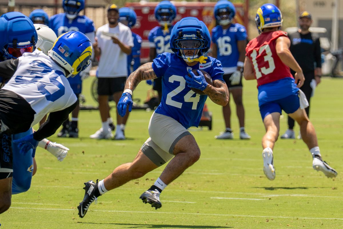Blake Corum #24 of the Los Angeles Rams breaks free for an outside run during an OTA offseason workout at Rams Village at Warner Center on June 2nd, 2026 in Woodland Hills, California. Blake Corum #24 of the Los Angeles Rams breaks free for an outside run during an OTA offseason workout at Rams Village at Warner Center on June 2nd, 2026 in Woodland Hills, California.