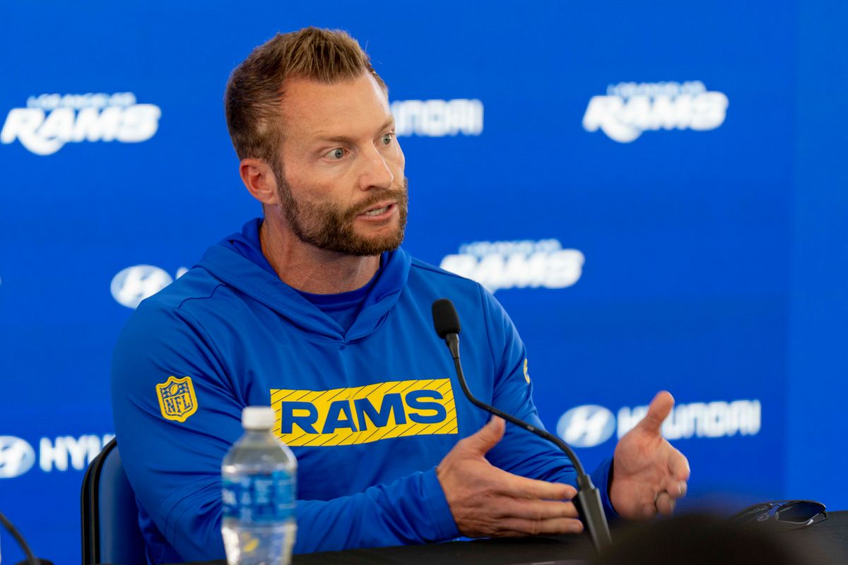 Los Angeles Rams head coach Sean McVay talks with members of the media after an OTA offseason workout at Rams Village at Warner Center on June 2nd, 2026 in Woodland Hills, California. Los Angeles Rams head coach Sean McVay talks with members of the media after an OTA offseason workout at Rams Village at Warner Center on June 2nd, 2026 in Woodland Hills, California.