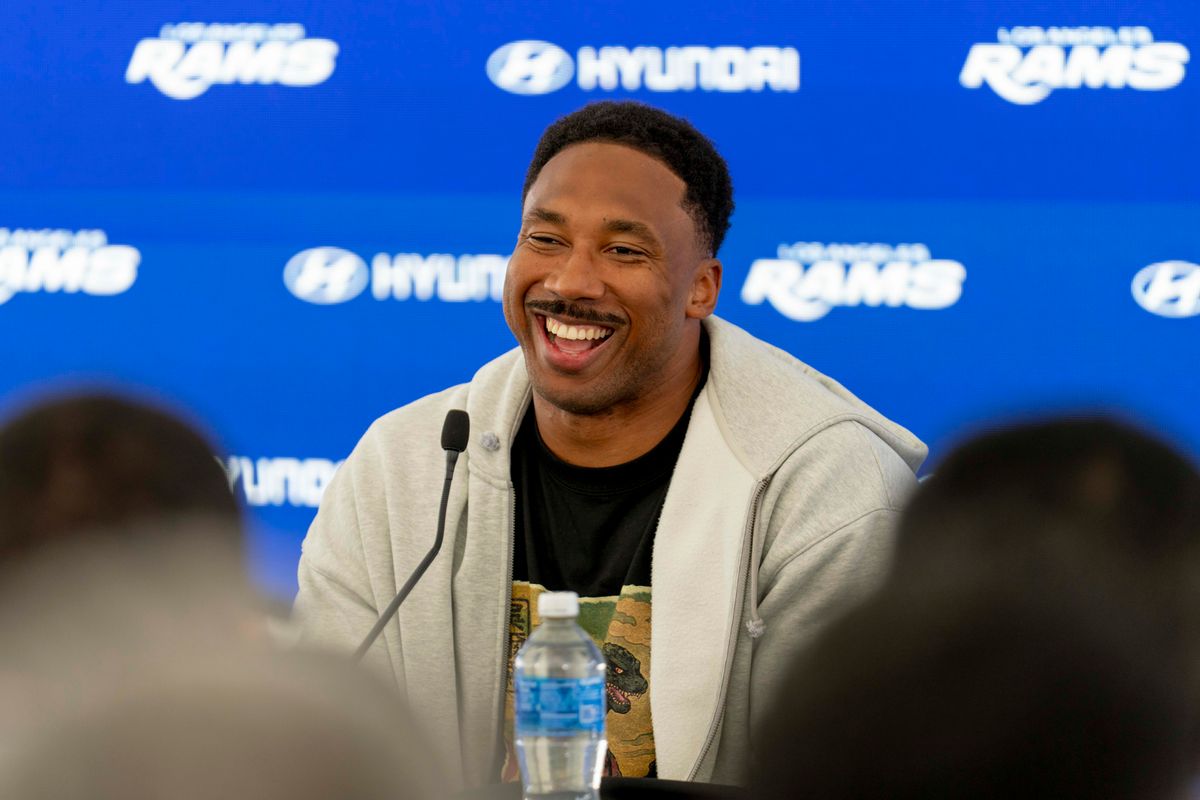 Los Angeles Rams Myles Garrett talks with members of the media after an OTA offseason workout at Rams Village at Warner Center on June 2nd, 2026 in Woodland Hills, California. Los Angeles Rams Myles Garrett talks with members of the media after an OTA offseason workout at Rams Village at Warner Center on June 2nd, 2026 in Woodland Hills, California.