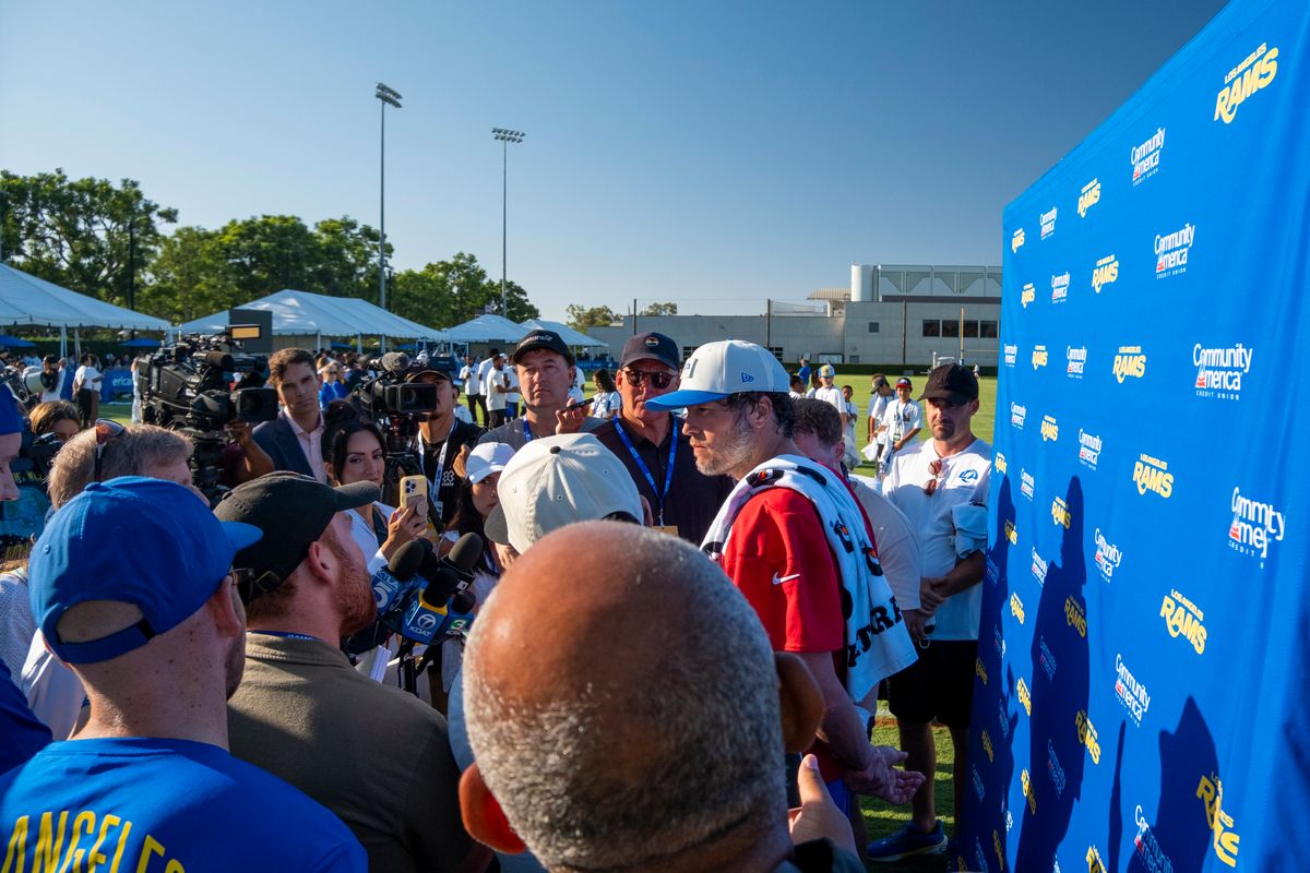 Los Angeles Rams quarterback Matthew Stafford (9) addressing the media during Rams training camp at the Loyola Marymount University on Monday, July 27th in Westchester, CA.