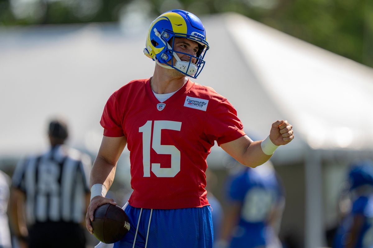 Los Angeles Rams quarterback Ty Simpson (15) during Rams training camp at the Loyola Marymount University on Monday, July 27th in Westchester, CA.
