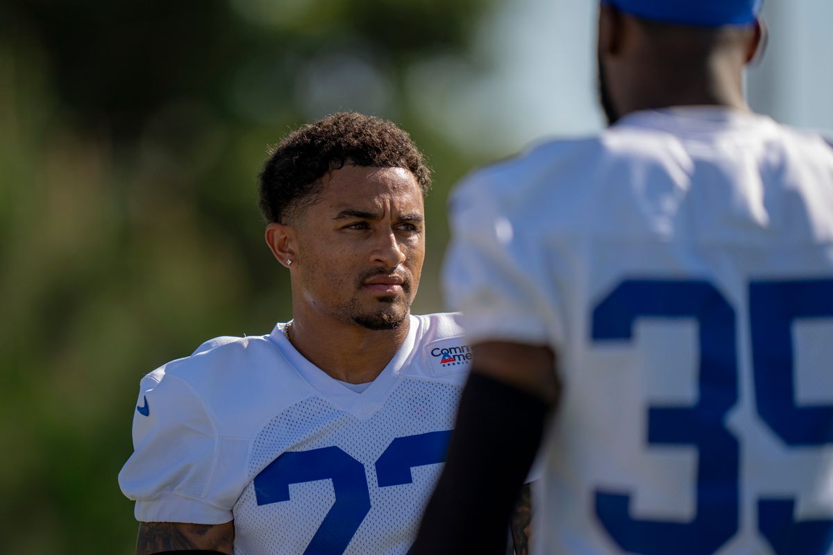 Los Angeles Rams cornerback Trent McDuffie (22) talking with Jalen Watson (35) during Rams training camp at the Loyola Marymount University on Monday, July 27th in Westchester, CA.