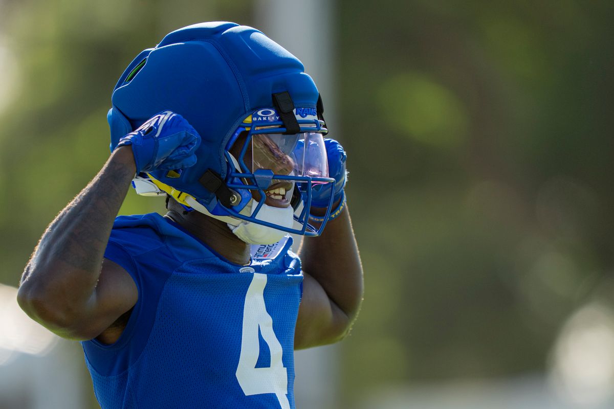Los Angeles Rams wide receiver Konata Mumpfield (4) celebrating during Rams training camp at the Loyola Marymount University on Monday, July 27th in Westchester, CA.