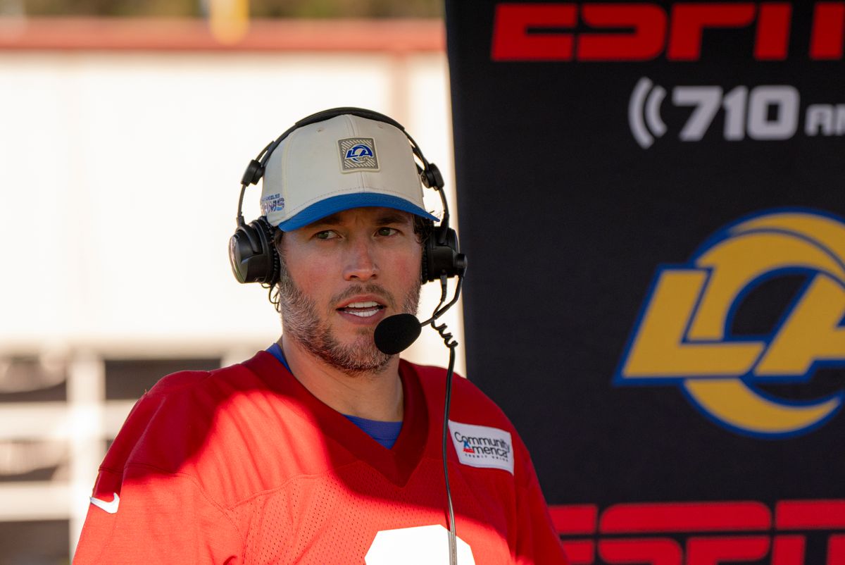 Los Angeles Rams quarterback Matthew Stafford (9) on local radio after Rams training camp at the Loyola Marymount University on Monday, July 27th in Westchester, CA.