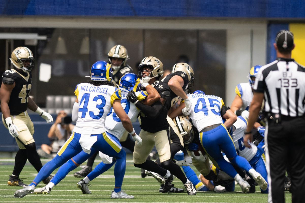 Players get tangled up during an NFL preseason game between the New Orleans Saints and Los Angeles Rams on Saturday, August 22, 2026 at SoFi Stadium in Inglewood, California. Players get tangled up during an NFL preseason game between the New Orleans Saints and Los Angeles Rams on Saturday, August 22, 2026 at SoFi Stadium in Inglewood, California.