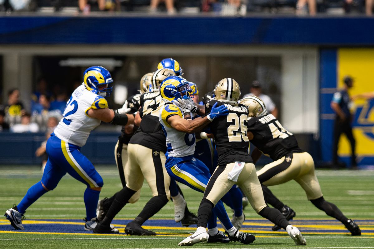 Players get tangled up during an NFL preseason game between the New Orleans Saints and Los Angeles Rams on Saturday, August 22, 2026 at SoFi Stadium in Inglewood, California. Players get tangled up during an NFL preseason game between the New Orleans Saints and Los Angeles Rams on Saturday, August 22, 2026 at SoFi Stadium in Inglewood, California.